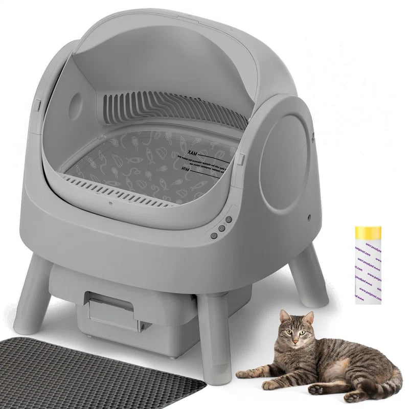 Large Open-Top Automatic Cat Litter Box Self Cleaning with Safety Protection, Mat and Trash Bags Included