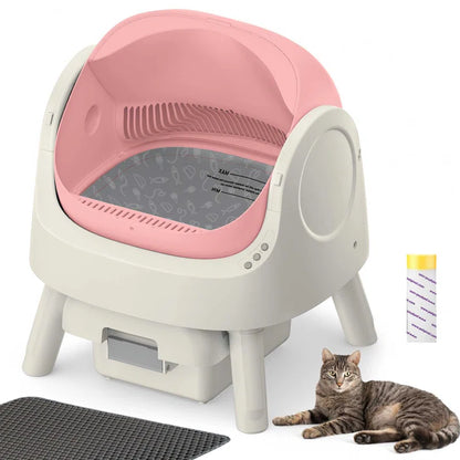 Large Open-Top Automatic Cat Litter Box Self Cleaning with Safety Protection, Mat and Trash Bags Included
