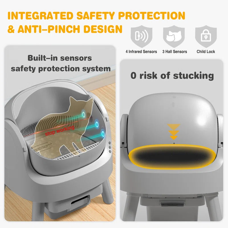 Large Open-Top Automatic Cat Litter Box Self Cleaning with Safety Protection, Mat and Trash Bags Included