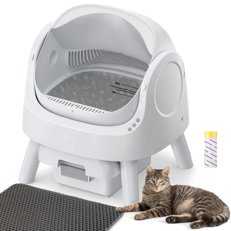 Large Open-Top Automatic Cat Litter Box Self Cleaning with Safety Protection, Mat and Trash Bags Included