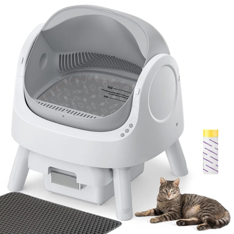 Large Open-Top Automatic Cat Litter Box Self Cleaning with Safety Protection, Mat and Trash Bags Included